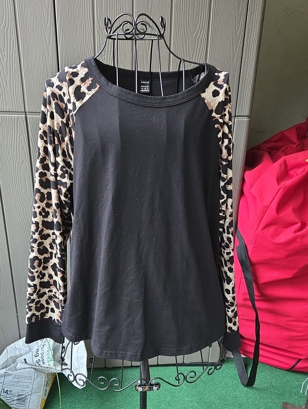 SHEIN Black Raglan Top with Leopard Print Sleeves